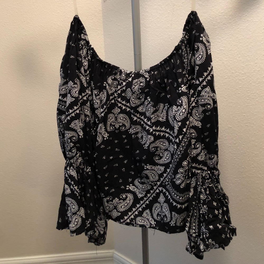 black and white printed off the shoulder top